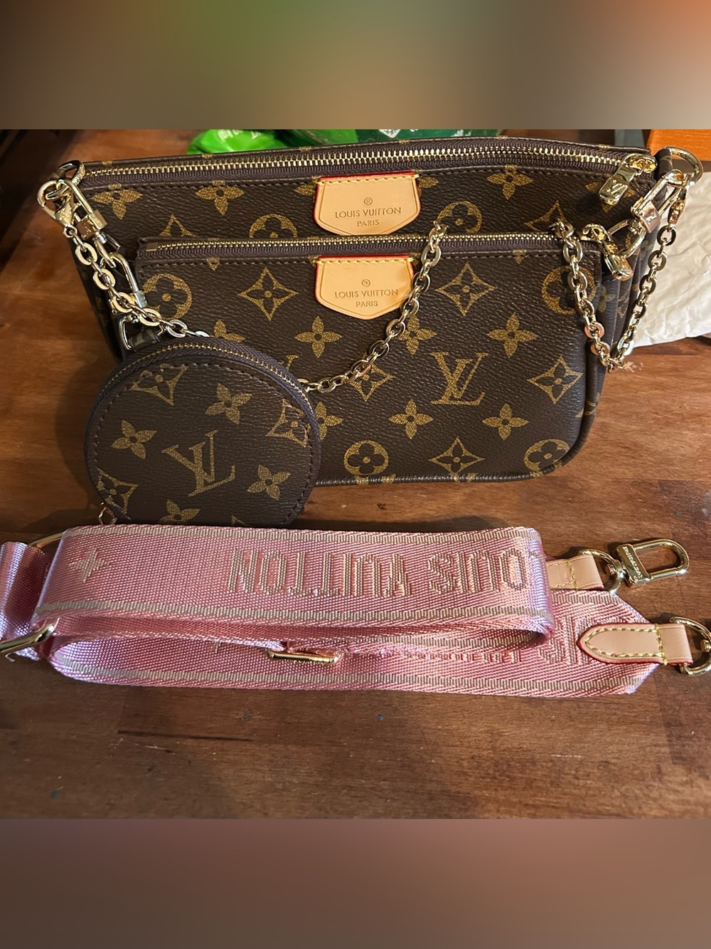 Brown Monogram Multi Pochette Accessoires with Pink Strap